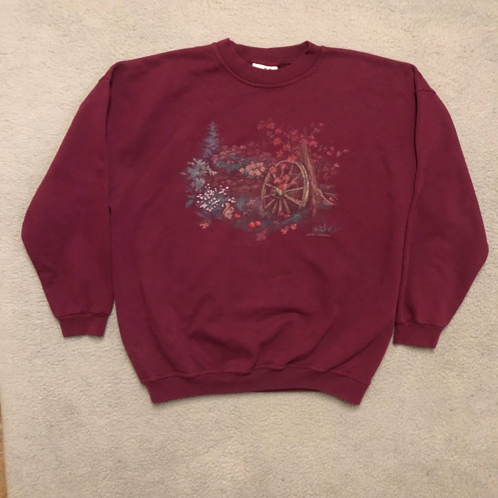 Vtg Northern Reflections Nature Graphic Sweatshirt Maroon Xl Floral Art